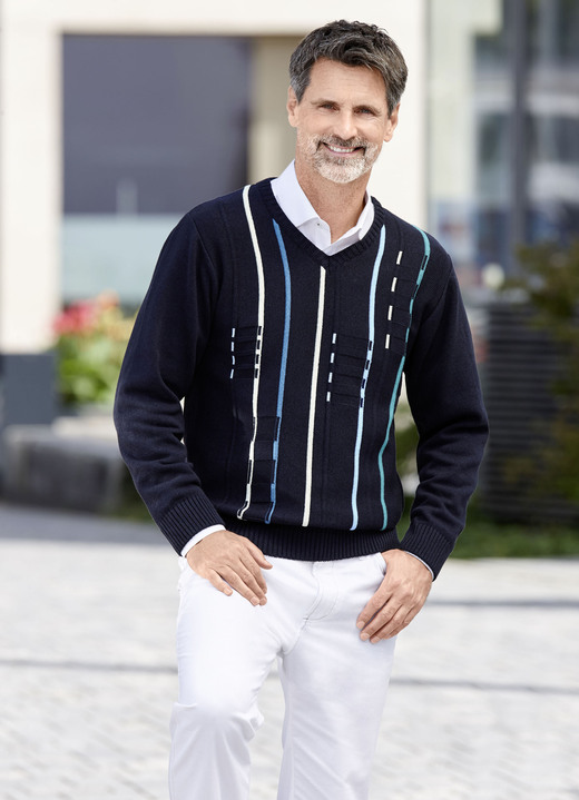 Hemden, Pullover & Shirts - V-Pullover mit Strukturdessin, in Größe 046 bis 062, in Farbe MARINE Ansicht 1