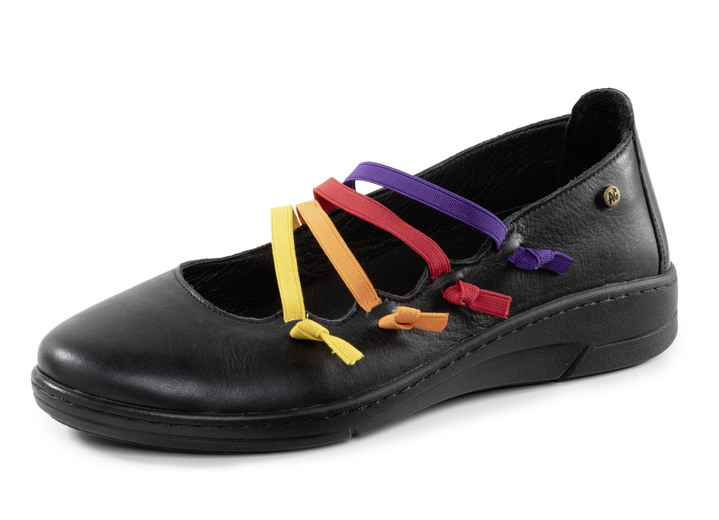 Komfortschuhe - Andrea Conti Slipper mit bunten, dekorativ eingesetzten Gummizügen Komfortschuhe - Andrea Conti Slipper mit bunten, dekorativ eingesetzten Gummizügen, in Größe 036 bis 042, in Farbe SCHWARZ