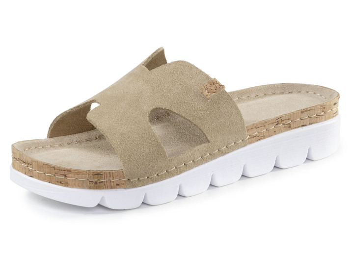 Sandaletten & Pantoletten - ELENA EDEN, sommerliche Damen-Pantoletten, aus Leder, in Größe 036 bis 042, in Farbe BEIGE Ansicht 1