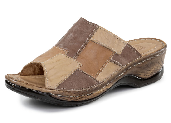 Sandaletten & Pantoletten - ELENA EDEN Pantolette mit dezenter Knitter-Struktur, in Größe 036 bis 041, in Farbe TAUPE-MARINE-WEISS Ansicht 4