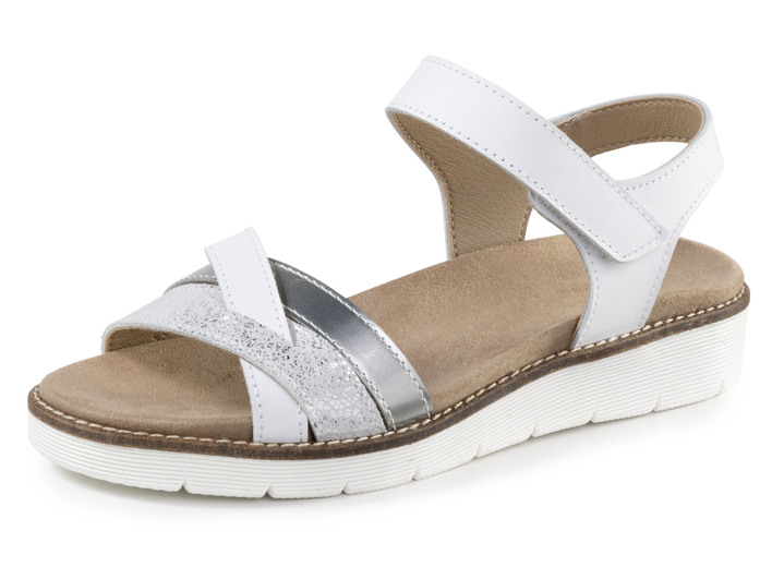 Komfortschuhe - ELENA EDEN Sandale aus teilweise glänzend geprägtem Nappaleder, in Größe 036 bis 042, in Farbe WEISS-SILBER Ansicht 1