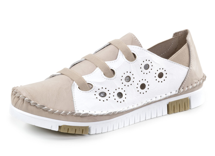 Komfortschuhe - Gemini Mokassin-Slipper mit dezenter Knitter-Struktur, in Größe 036 bis 042, in Farbe TAUPE-WEISS Ansicht 1