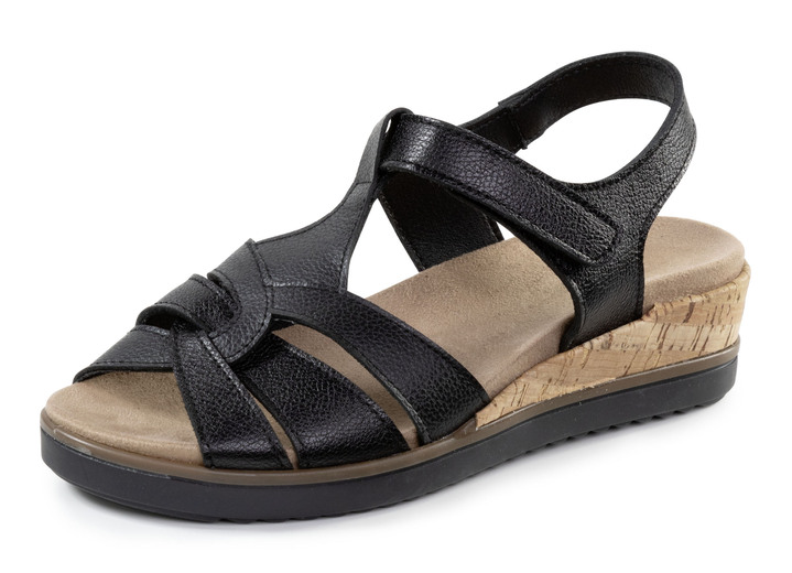 Komfortschuhe - ELENA EDEN Stegspangen-Sandale aus genarbtem Nappaleder, in Größe 035 bis 041, in Farbe SCHWARZ Ansicht 1