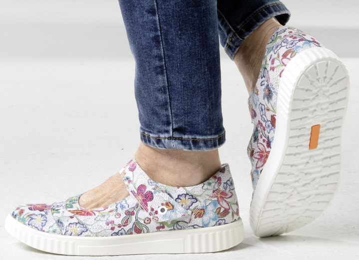 Komfortschuhe - Slipper aus floral bedrucktem Leder, in Größe 036 bis 042, in Farbe ECRU-BUNT Ansicht 4