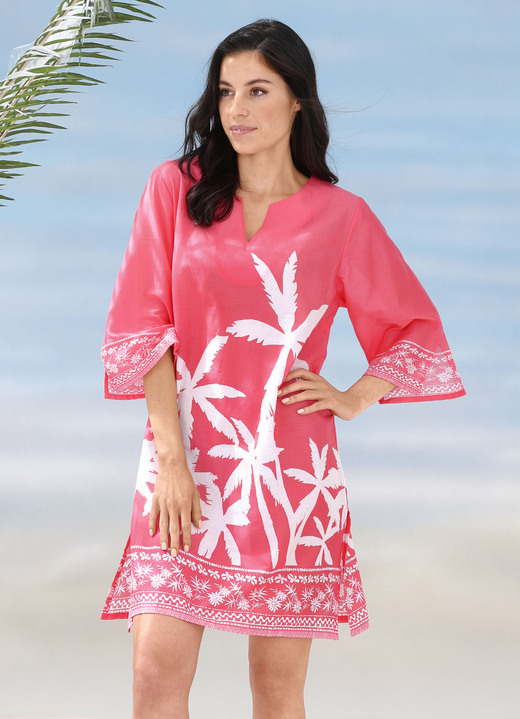 Strandmode - Tunika mit Palmendruck, reine Baumwolle, in Größe 036 bis 056, in Farbe KORALLE-WEISS Ansicht 1