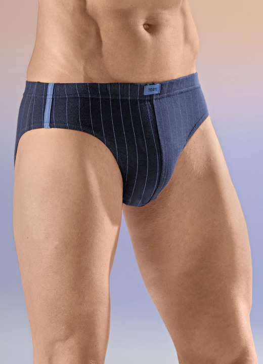 Unterwäsche - Viererpack Slips mit Streifendessin, in Größe 3XL bis XXL, in Farbe 1X MARINE, 1X JEANSBLAU, 1X BORDEAUX, 1X SCHWARZ Ansicht 1