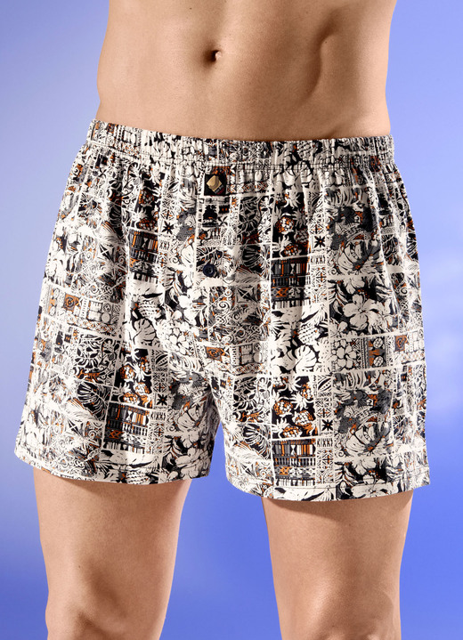 Unterwäsche - Viererpack Boxershorts mit Alloverdessin, in Größe 005 bis 016, in Farbe 2X SAND-GRAU-ORANGE, 2X GRAU-SCHWARZ-ORANGE
