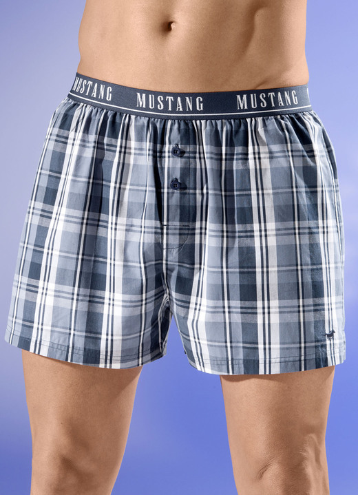 Unterwäsche - Mustang Zweierpack Boxershorts mit Elastikbund, in Größe 004 bis 008, in Farbe 1X BLAU-WEISS, 1X UNI RAUCHBLAU Ansicht 1