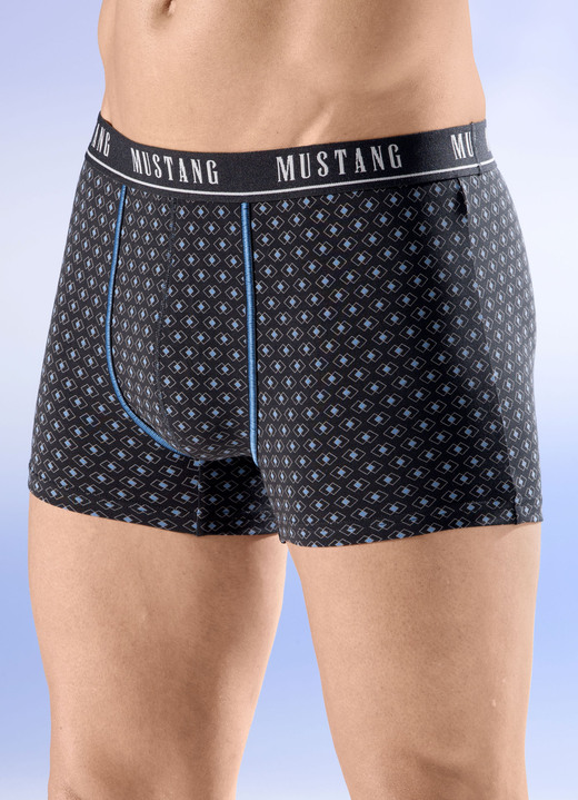 Unterwäsche - Mustang Dreierpack Pants mit Alloverdessin, in Größe 004 bis 008, in Farbe 3X SCHWARZ-BLAU