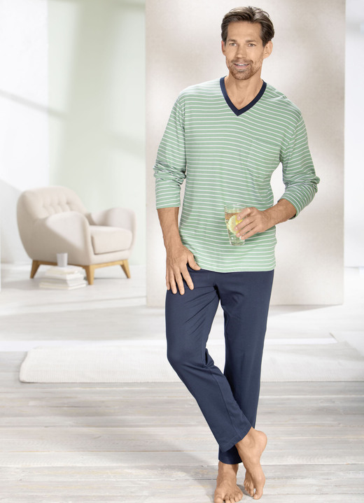 Nachtwäsche - Schlafanzug mit V-Ausschnitt und offenen Abschlüssen , in Größe 046 bis 062, in Farbe GRÜN-WEISS-MARINE Ansicht 3