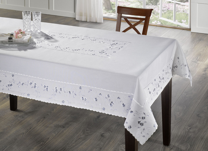 Tischdecken - Bestickte Tisch- und Raumdekoration mit Blümchen-Bordüre, in Größe 140 (Läufer, 40/ 90 cm) bis 404 (Kissenbezug, 40/ 40 cm), in Farbe WOLLWEISS-GRAU Ansicht 3