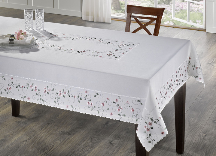 Tischdecken - Bestickte Tisch- und Raumdekoration mit Blümchen-Bordüre, in Größe 140 (Läufer, 40/ 90 cm) bis 404 (Kissenbezug, 40/ 40 cm), in Farbe WOLLWEISS-GRAU Ansicht 8