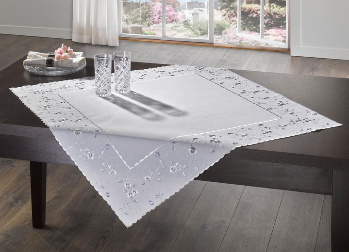 Tischdecken - Bestickte Tisch- und Raumdekoration mit Blümchen-Bordüre, in Größe 140 (Läufer, 40/ 90 cm) bis 404 (Kissenbezug, 40/ 40 cm), in Farbe WOLLWEISS-GRAU Ansicht 2