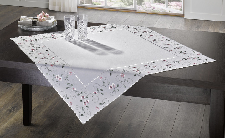 Tischdecken - Bestickte Tisch- und Raumdekoration mit Blümchen-Bordüre, in Größe 140 (Läufer, 40/ 90 cm) bis 404 (Kissenbezug, 40/ 40 cm), in Farbe WOLLWEISS-GRAU Ansicht 9