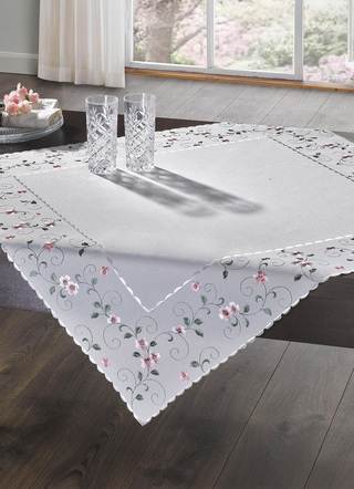 Tischdecken - Bestickte Tisch- und Raumdekoration mit Blümchen-Bordüre, in Größe 140 (Läufer, 40/ 90 cm) bis 404 (Kissenbezug, 40/ 40 cm), in Farbe WOLLWEISS-GRAU – Farbe WOLLWEISS-ROSA – Ansicht 