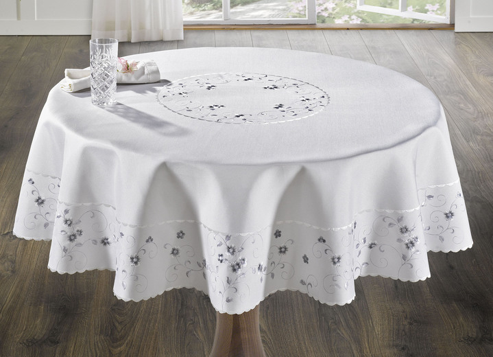 Tischdecken - Bestickte Tisch- und Raumdekoration mit Blümchen-Bordüre, in Größe 140 (Läufer, 40/ 90 cm) bis 404 (Kissenbezug, 40/ 40 cm), in Farbe WOLLWEISS-GRAU Ansicht 4