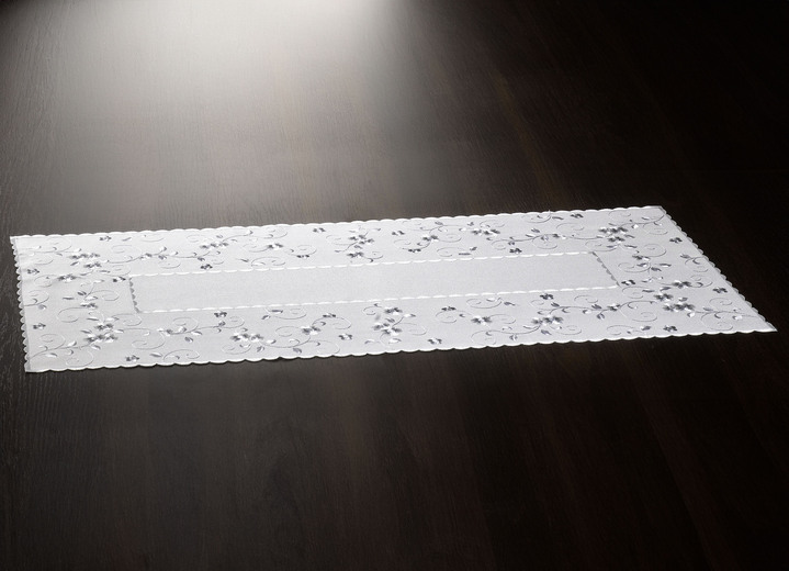 Tischdecken - Bestickte Tisch- und Raumdekoration mit Blümchen-Bordüre, in Größe 140 (Läufer, 40/ 90 cm) bis 404 (Kissenbezug, 40/ 40 cm), in Farbe WOLLWEISS-GRAU Ansicht 1