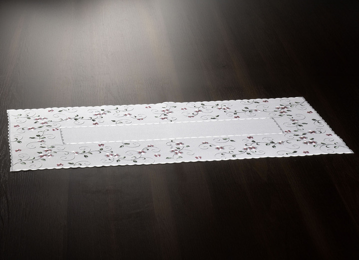 Tischdecken - Bestickte Tisch- und Raumdekoration mit Blümchen-Bordüre, in Größe 140 (Läufer, 40/ 90 cm) bis 404 (Kissenbezug, 40/ 40 cm), in Farbe WOLLWEISS-ROSA Ansicht 1