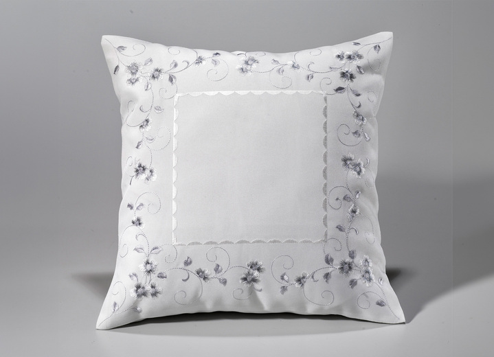 Tischdecken - Bestickte Tisch- und Raumdekoration mit Blümchen-Bordüre, in Größe 140 (Läufer, 40/ 90 cm) bis 404 (Kissenbezug, 40/ 40 cm), in Farbe WOLLWEISS-GRAU Ansicht 5