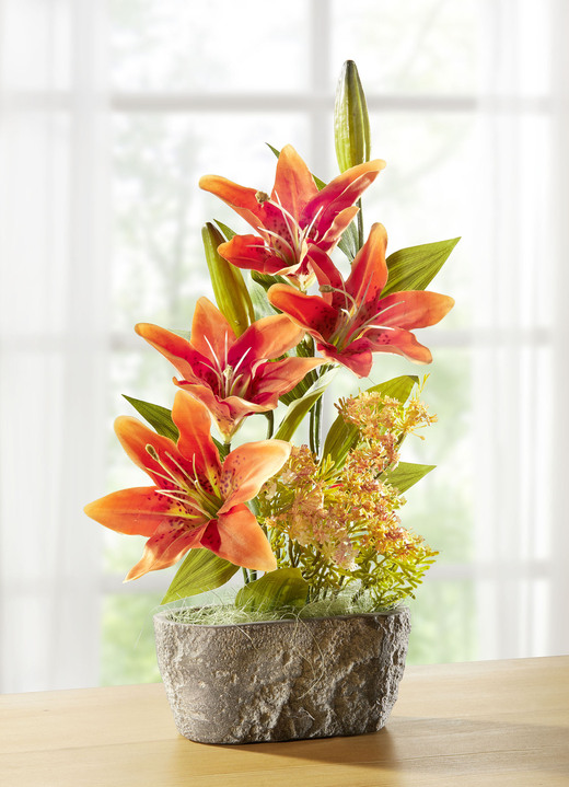 Kunst- & Textilpflanzen - Lilien-Arrangement in Schale aus Zement, in Farbe ORANGE