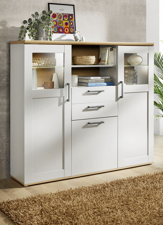 Vitrinen & Highboards - Möbel-Programm mit LED-Beleuchtung, in Farbe WEISS-EICHE, in Ausführung Highboard Ansicht 1