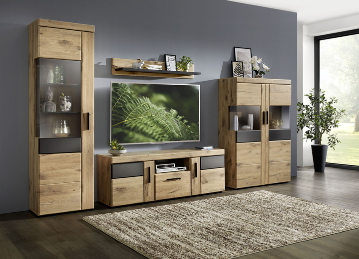 Wohnwände - Wohnwand mit anthrazitfarbenen Elementen, in Farbe EICHE-ANTHRAZIT, in Ausführung Wohnwand Vitrine/Türanschlag links Ansicht 2