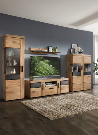 Wohnwände - Wohnwand mit anthrazitfarbenen Elementen, in Farbe EICHE-ANTHRAZIT, in Ausführung Wohnwand Vitrine/Türanschlag links