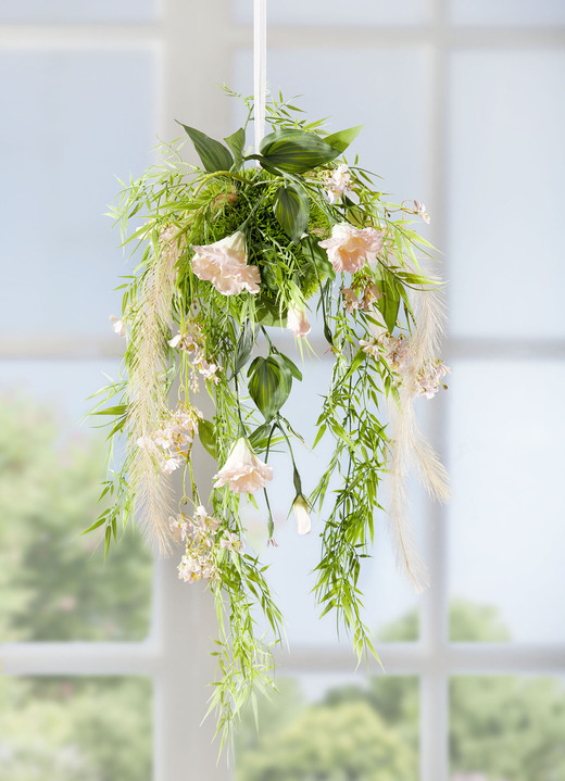 Kunst- & Textilpflanzen - Lysianthus-Gesteck zum Hängen, in Farbe HELLROSA-GRÜN