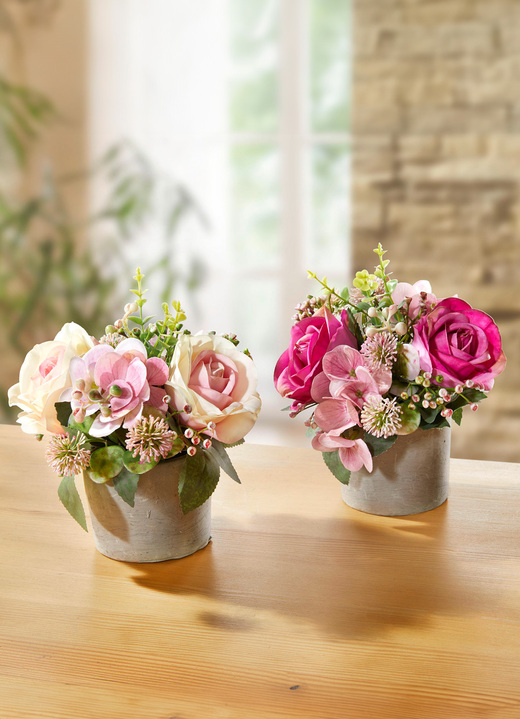 Kunst- & Textilpflanzen - Bezaubernde Gestecke mit Rosen und Hortensien, 2er-Set, in Farbe ROSA-PINK