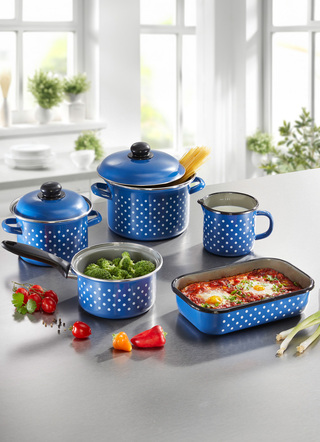 Töpfe, Pfannen & Bräter - Koch-Set aus hochwertiger Emaillet, 5-teilig, in Farbe BLAU