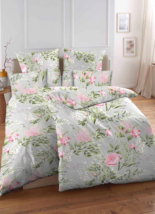 Bettwäschegarnituren - Biberna Bettwäsche-Garnitur in Renforcé-Qualität, in Größe 111 (40/80 cm + 135/200 cm) bis 115 (80/80 cm + 155/220 cm), in Farbe GRAU-BUNT Ansicht 1