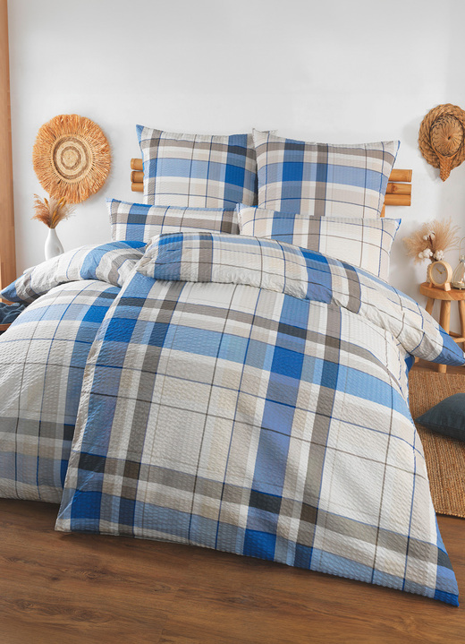 Bettwäschegarnituren - Seersucker Bettwäsche-Garnitur von Florella, in Größe 111 (40/80 cm + 135/200 cm) bis 115 (80/80 cm + 155/220 cm), in Farbe BLAU-GRAU Ansicht 2