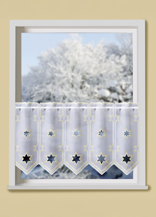 Landhaus & Küche - Edler Kurzstore mit Plauener Stickerei, in Größe 786 (H45xB 96 cm) bis 791 (H45xB160 cm), in Farbe WEISS-GOLD Ansicht 1