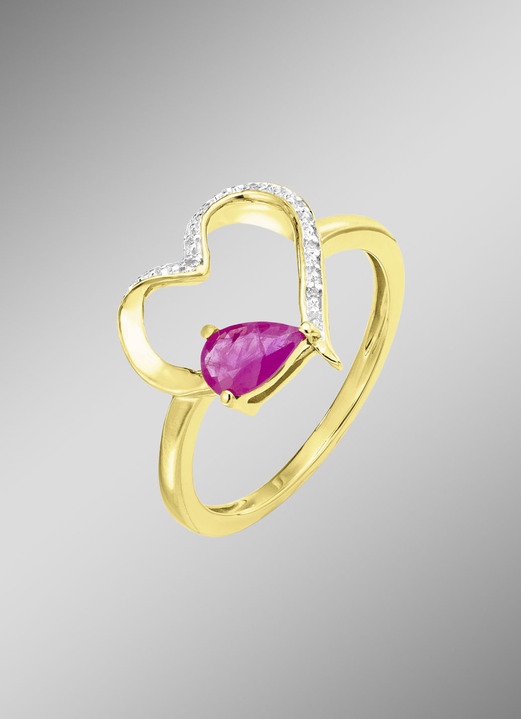 mit Edelsteinen - Damenring mit echt Rubin im herzförmigen Ringkopf, in Größe 160 bis 220, in Farbe  Ansicht 1