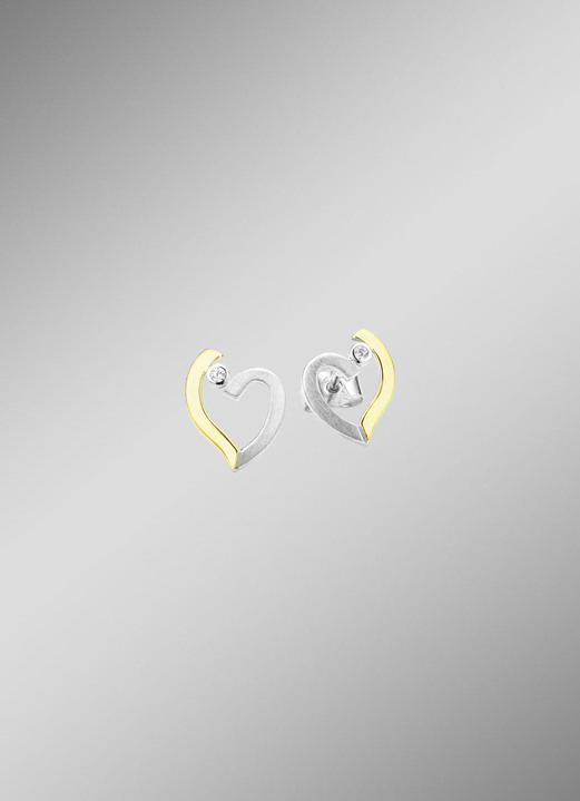 Ohrschmuck - Herz-Ohrstecker in Bicolor mit synth. Zirkonia, in Farbe  Ansicht 1