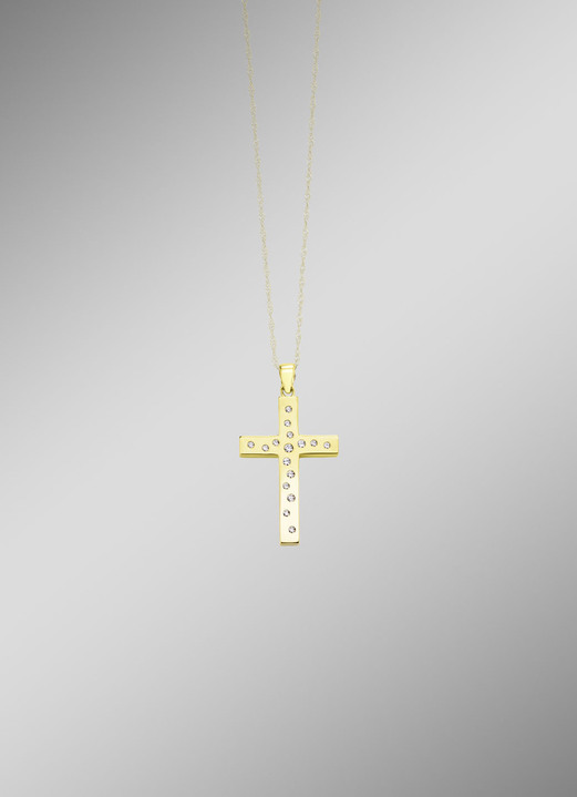 ohne Steine / mit Zirkonia - Beidseitig tragbarer Kreuz-Anhänger mit synth. Zirkonia, in Farbe  Ansicht 1