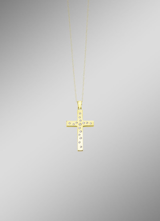 Beidseitig tragbarer Kreuz-Anhänger mit synth. Zirkonia
