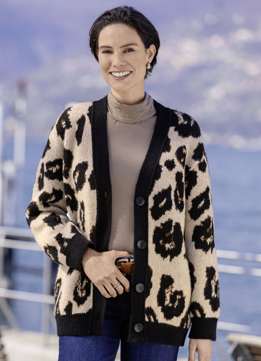 Jacken, Westen & Sets - Strickjacke mit flauschigem Griff, in Größe L(44/46) bis XXL(52/54), in Farbe BEIGE-SCHWARZ-BRAUN Ansicht 1