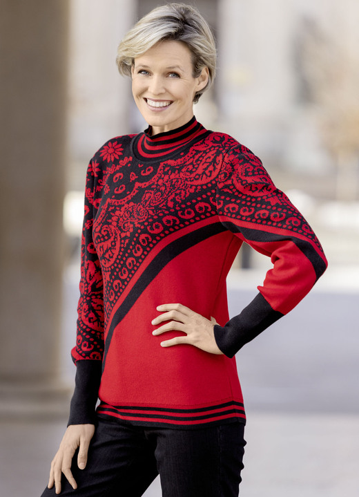 Pullover - Pullover in Jacquard-Dessin Pullover - Pullover in Jacquard-Dessin, in Größe 036 bis 052, in Farbe ROT-SCHWARZ