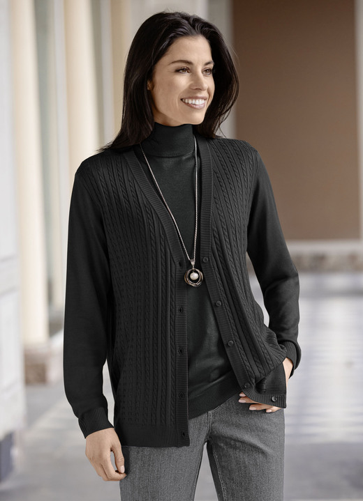 Jacken, Westen & Sets - Strickjacke mit Zöpfchenstruktur, in Größe 036 bis 052, in Farbe SCHWARZ Ansicht 1