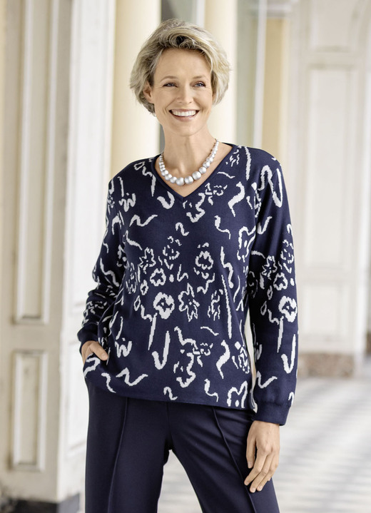 Pullover - Pullover in Jacquard-Dessin Pullover - Pullover in Jacquard-Dessin, in Größe 038 bis 054, in Farbe MARINE-WOLLWEISS