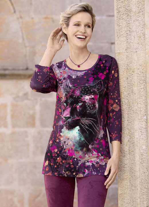 Shirts - Shirt mit Strasszier im Vorderteil, in Größe 038 bis 054, in Farbe LILA-PINK-SCHWARZ