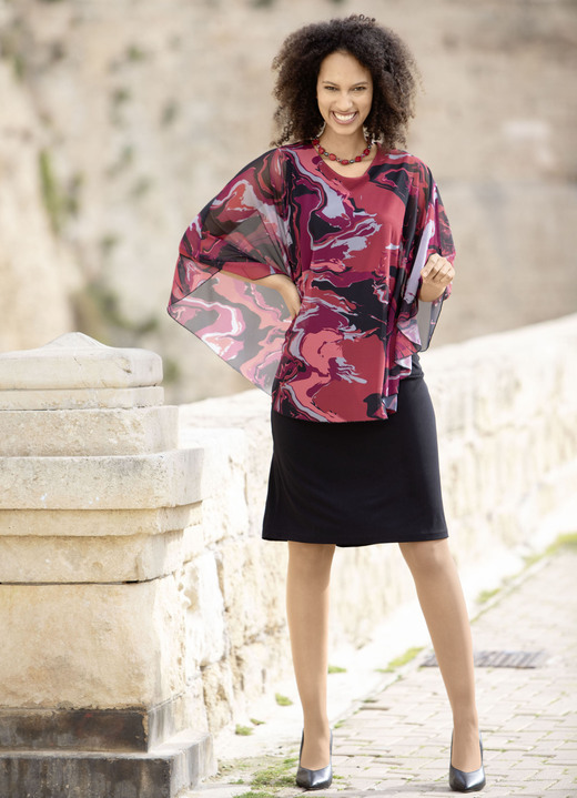 Freizeitkleider - Kleid in angesagter Two-in-One-Optik, in Größe 036 bis 052, in Farbe SCHWARZ-ROT-BORDEAUX-BUNT Ansicht 1