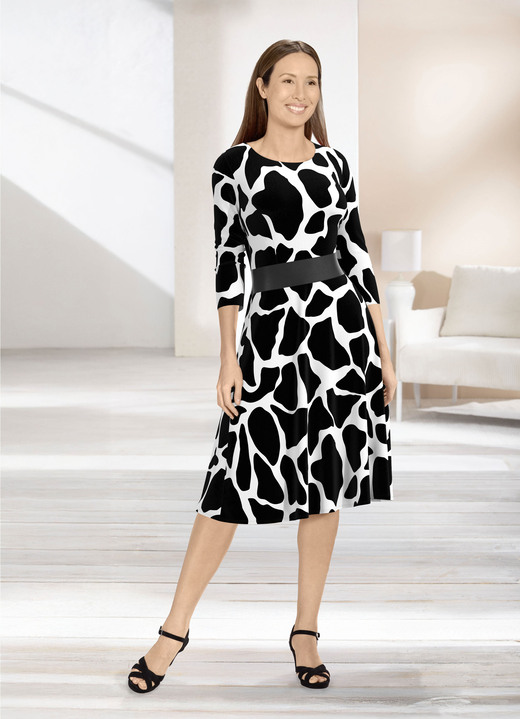 Freizeitkleider - Kleid mit breitem Kunstleder-Einsatz, in Größe 019 bis 054, in Farbe SCHWARZ-WEISS