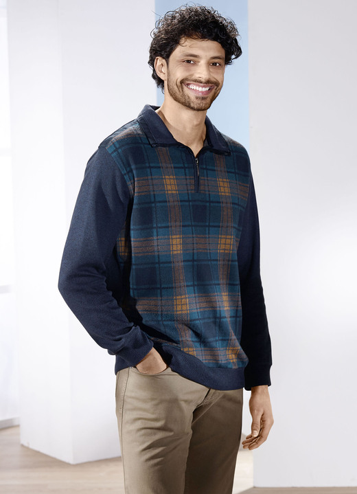 Hemden, Pullover & Shirts - Troyer mit kurzem Reißverschluss, in Größe 046 bis 062, in Farbe MARINE KARIERT