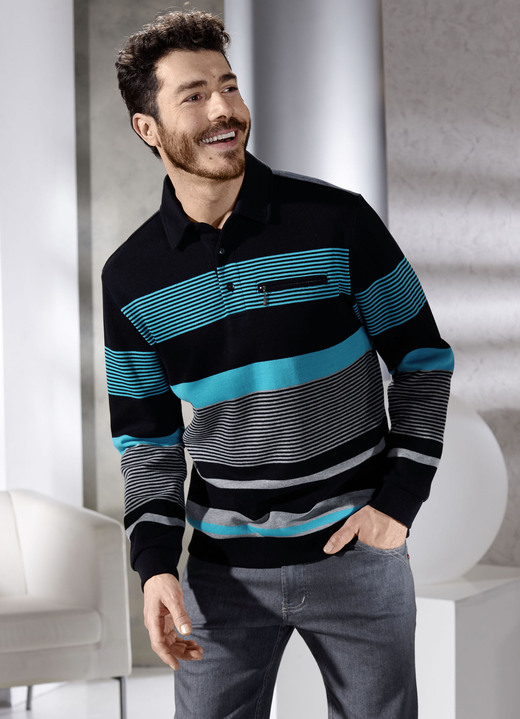 Hemden, Pullover & Shirts - Poloshirt mit kurzer Knopfleiste, in Größe 046 bis 062, in Farbe SCHWARZ-TÜRKIS-GRAU MELIERT Ansicht 1