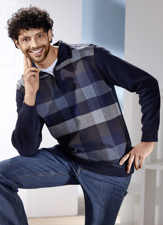 Hemden, Pullover & Shirts - Troyer mit kurzem Reißverschluss, in Größe 046 bis 062, in Farbe MARINE KARIERT Ansicht 2