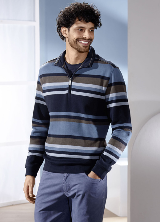 Hemden, Pullover & Shirts - Troyer mit kurzem Reißverschluss, in Größe 3XL (64/66) bis XXL (60/62), in Farbe MARINE-JEANSBLAU GESTREIFT Ansicht 2