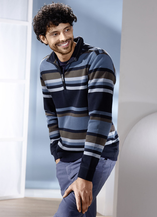 Hemden, Pullover & Shirts - Troyer mit kurzem Reißverschluss, in Größe 3XL (64/66) bis XXL (60/62), in Farbe MARINE-JEANSBLAU GESTREIFT Ansicht 1