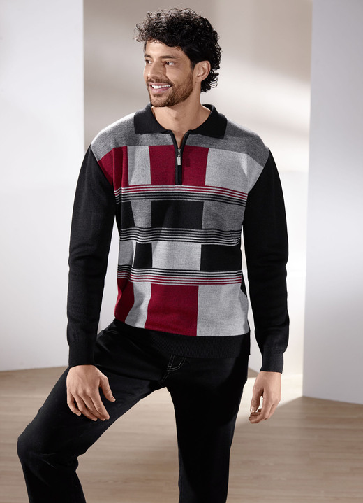 Hemden, Pullover & Shirts - Sportiver Polopullover in 2 Farben, in Größe 046 bis 062, in Farbe SCHWARZ-ROT-GRAU MELIERT Ansicht 1